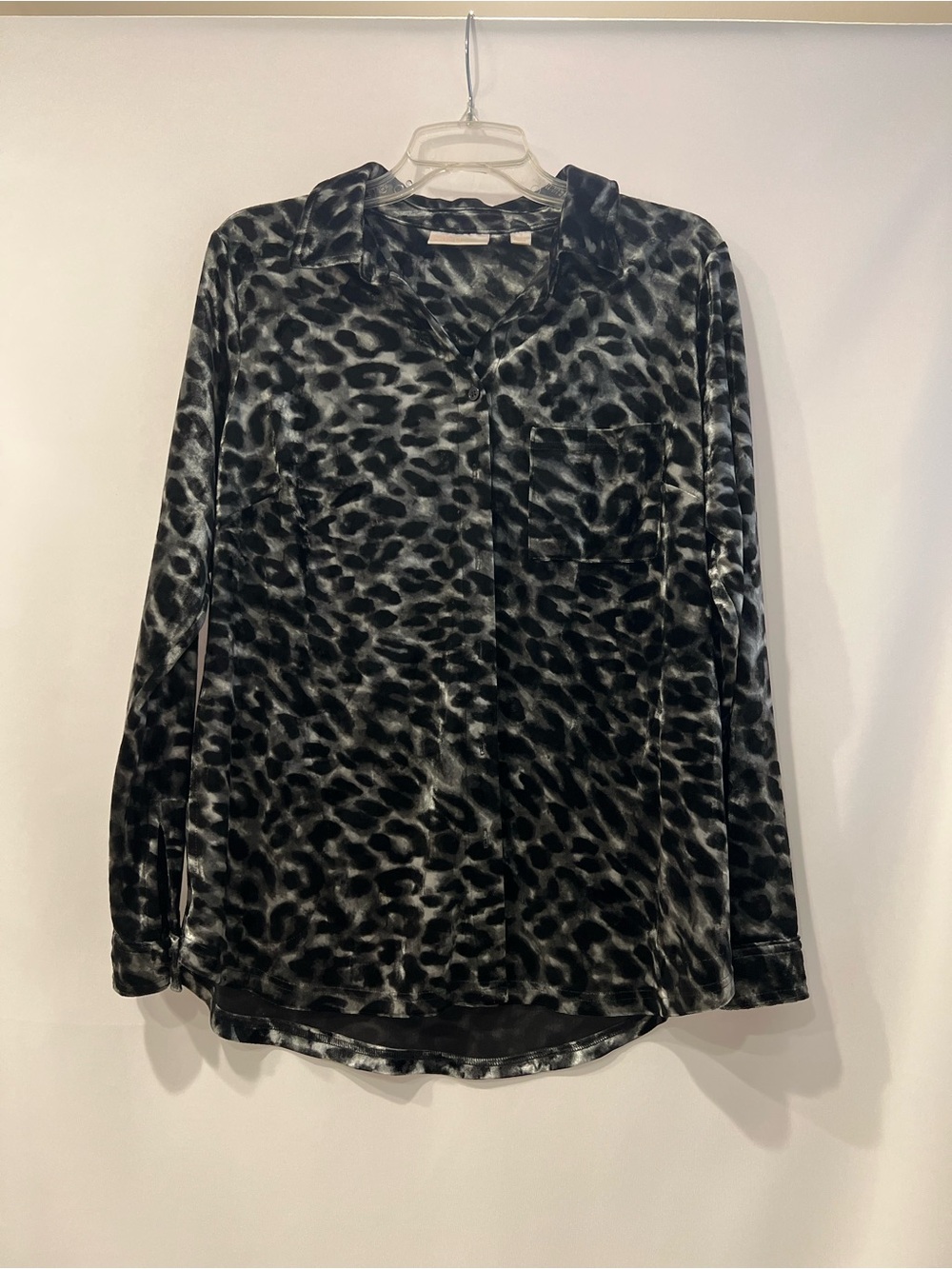 Womens Belle Black Gray Leopard-Print Long-Sleeve Blouse 1 Pocket Size S